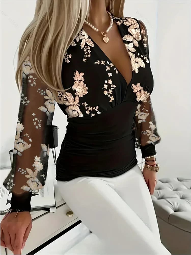 Elegante top stampato da donna con scollo a V profondo lungo nero trasparente manica T-shirt primavera autunno camicetta vestiti