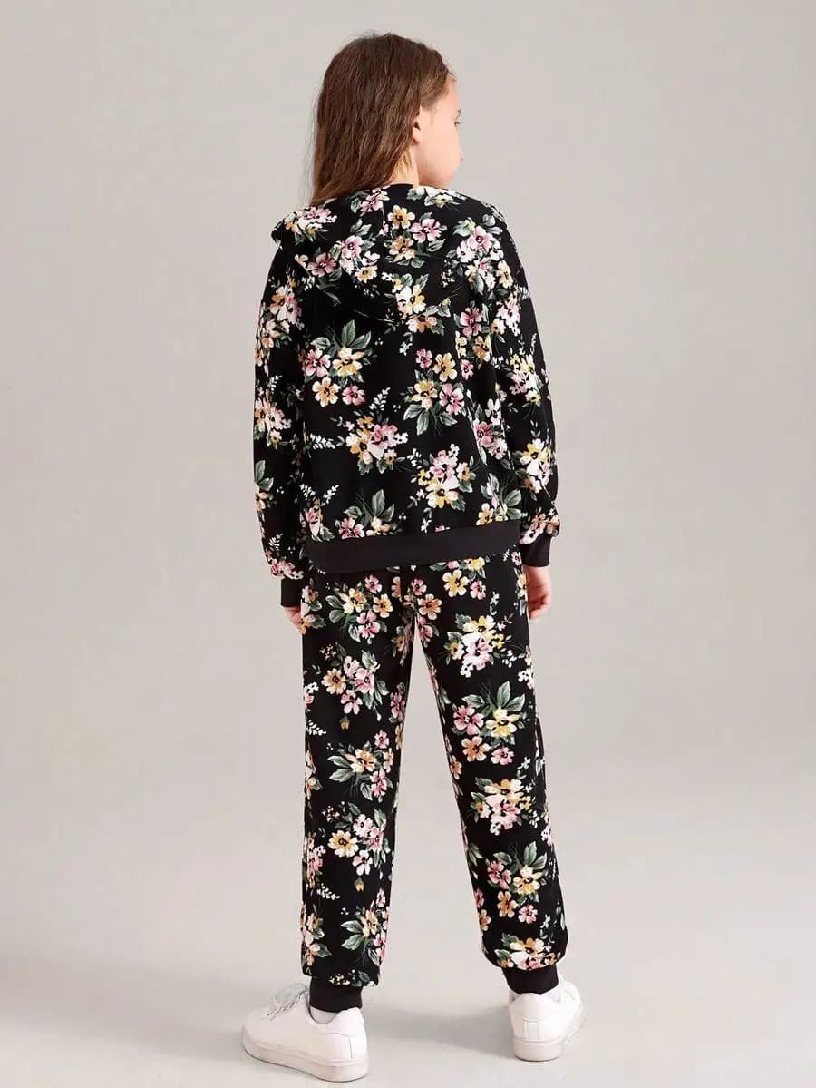 Floral Print Drop Shoulder Hoodie And Sweatpants Set