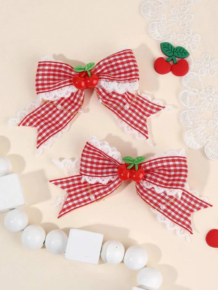 2pcs Strawberry Hair Clips, Pink Plaid Lace Bow Alligator Clips With Strawberry Decoration, Cute Sweet Vacation Style Hair