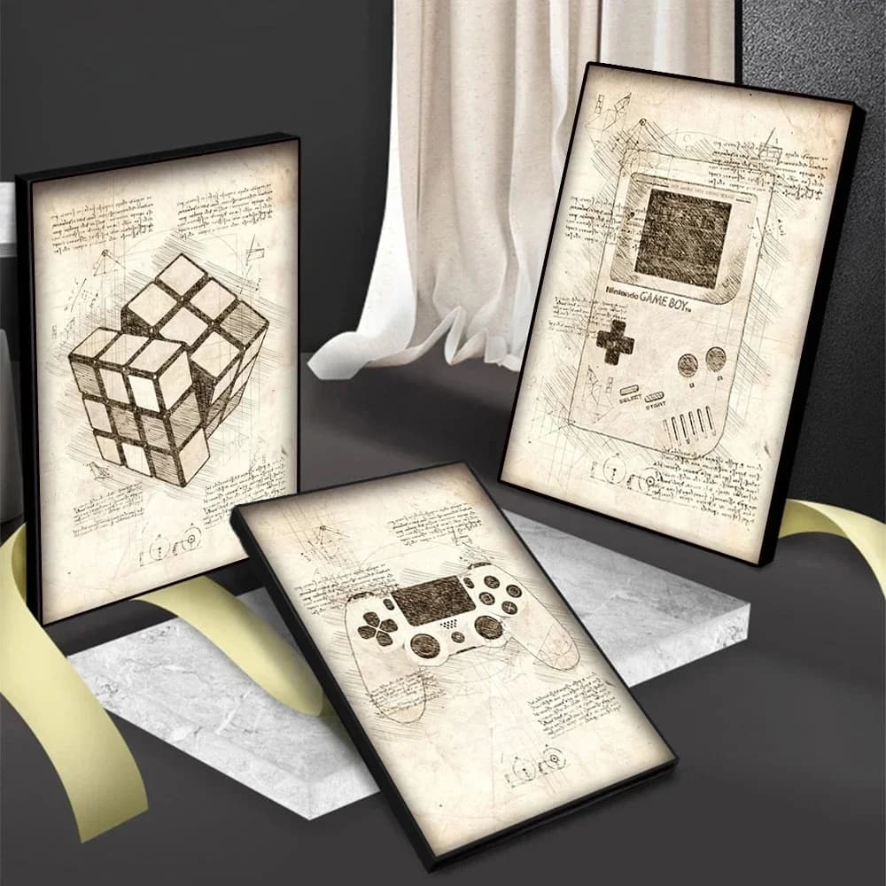 Pop Vintage Sketch Prints Posters Sketch Video Game Handle VR Gaming Poster Wall Art Pictures Canvas Painting Iving Room Deco