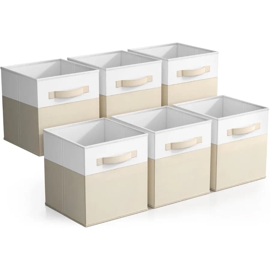 11 Cubi Contenitori Pieghevoli, Set da 6, in Tessuto Beige e Bianco, per Scaffali Armadio, Organizzatore a Cubetti, Cesti Pieghevoli in Tessuto, Organizzazione Casa