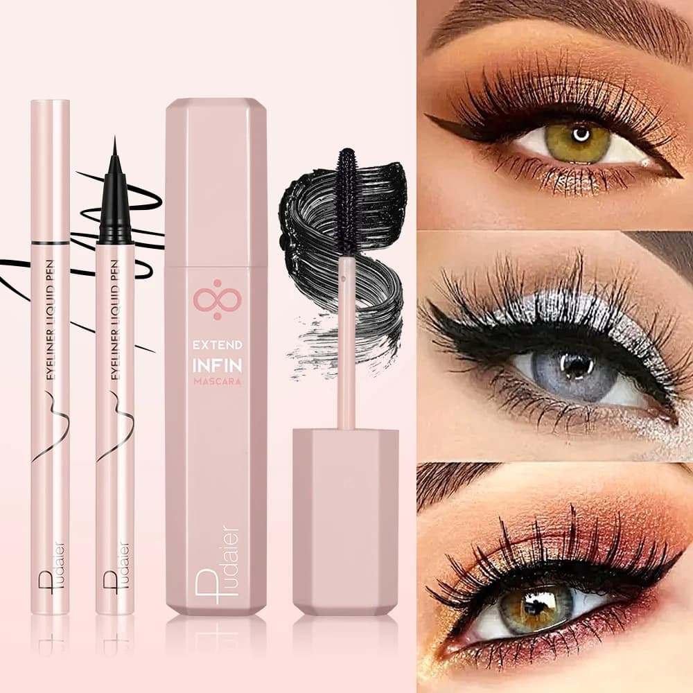 Liquid and mascara eyeliner set, waterproof, without drooping, enlarges the eyes, easy to use to beginners, suitable for music festivals,