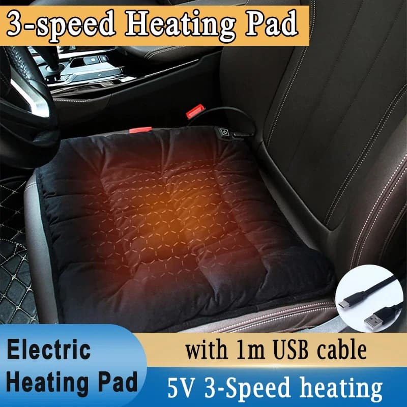 5V 45x45cm electric heating cushion for car seat with 1m thermostat USB charging cable at 3 levels adjustable winter chair warmer