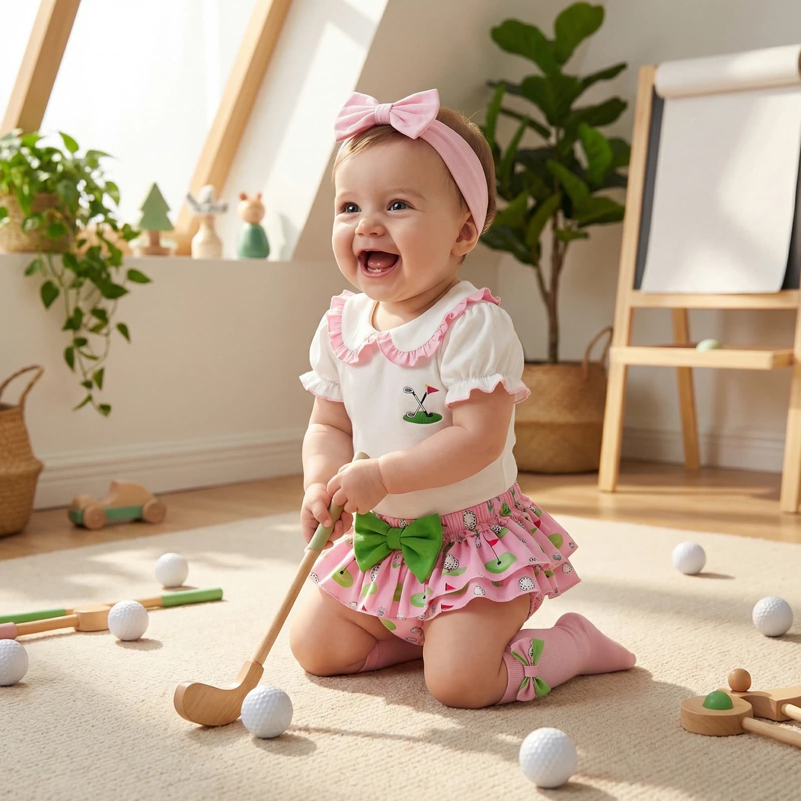 Completo Set Estivo per Neonata: Pagliaccetto a Maniche Corte con Colletto a Bambola, Pantaloncini con Stampa Golf, Fascia per Capelli con Fiocco e Calzini Lunghi