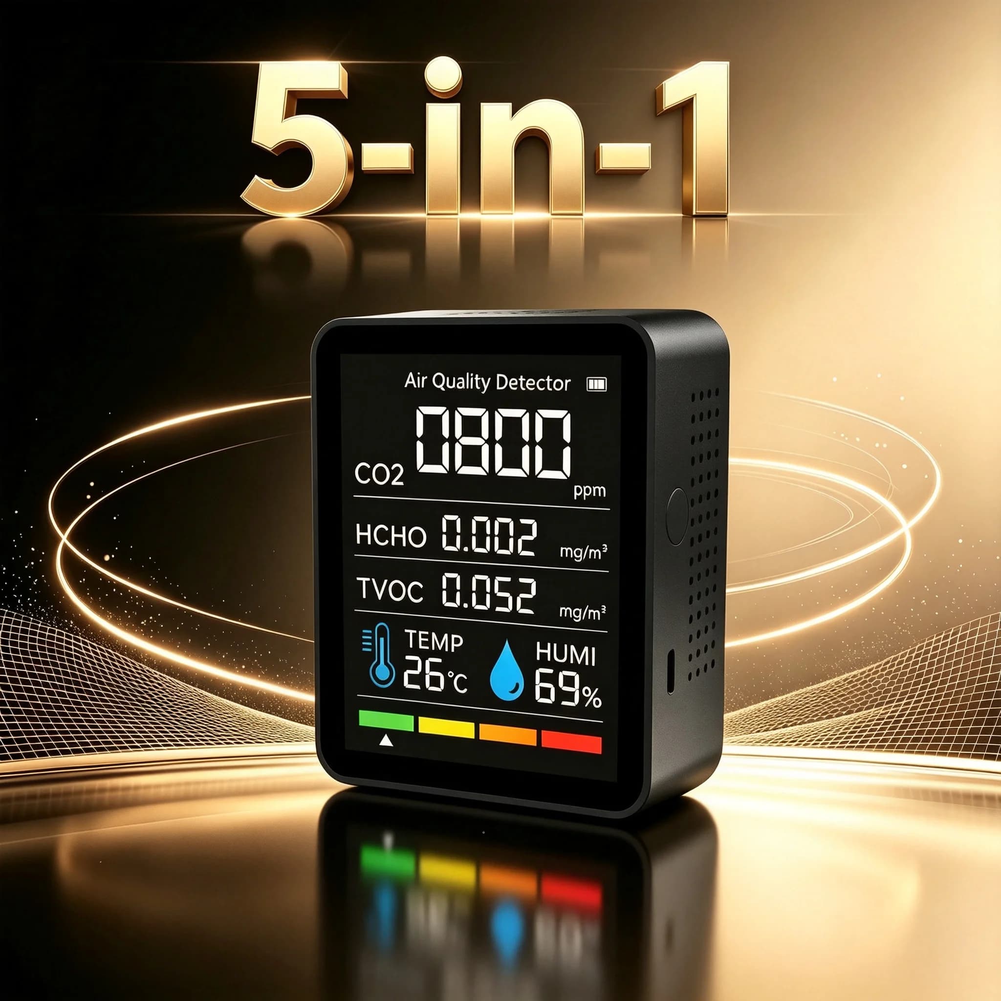 5-in-1 Air Quality Monitor CO2 Meter Digital Carbon Dioxide TVOC、 HCHO Detector Temperature Humidity Tester