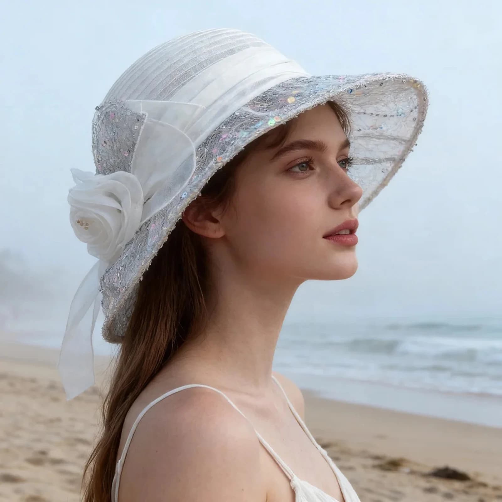 Elegante Cappello da Sole da Donna in Organza con Paillettes, Decorazione Floreale, Tesa Larga per Protezione Solare, Ideale per Viaggi all'Aperto
