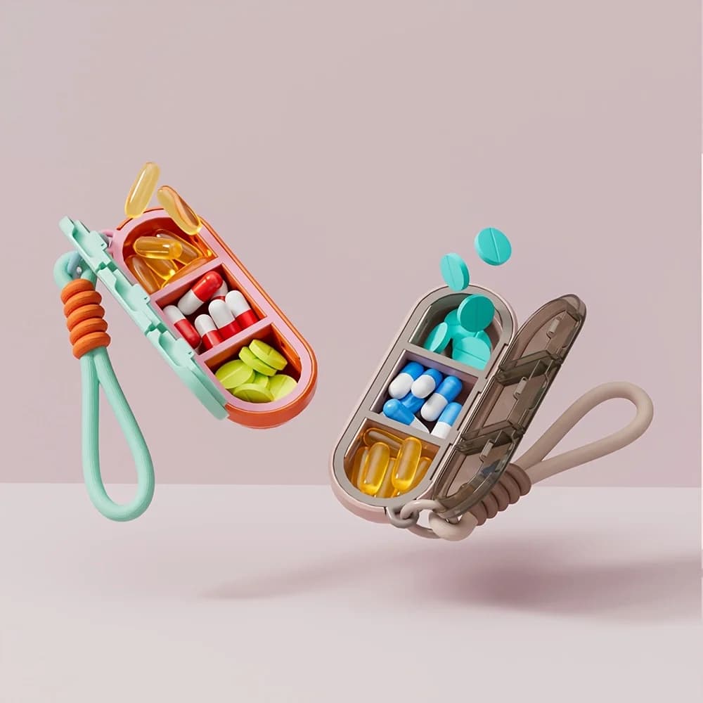 1PC Dopamine Color Portable 3 Grid Pill Box With Woven Strap Silicone Sealed Waterproof Moistureproof Vitamin Supplement Organizer Holder