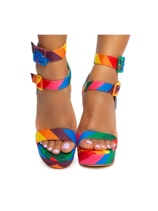 Toes Extra High Waterproof Platform Ankle Double Buckle Sandals Rainbow Colors Chunky High Heels Hollow Out Luxury Women's Shoes