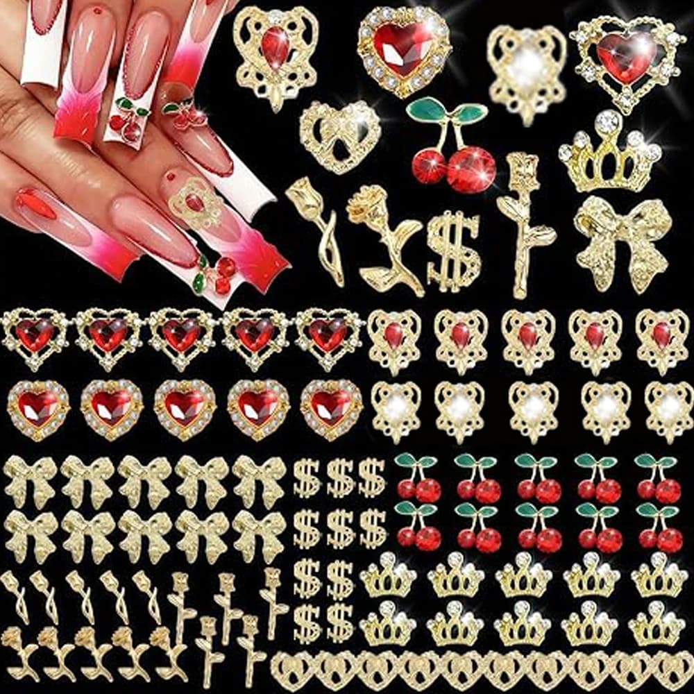 Set di 48 ciondoli per decorazioni artistiche sfuse in oro 3D Y2K, inclusi strass a forma di cuore, ciliegie, dollari, rose, corone e altro per le unghie