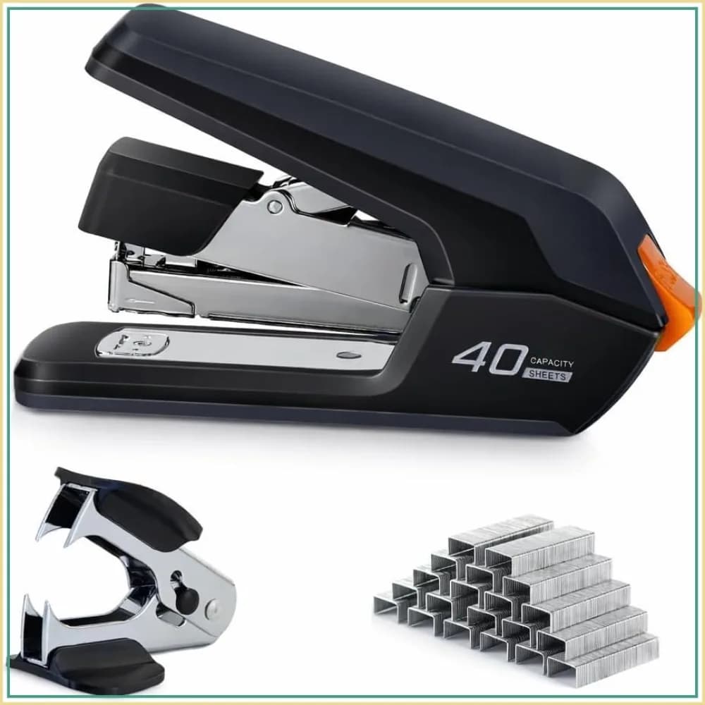 Effortless Desktop Stapler, 40 Sheet Capacity, One Finger Touch, Heavy Duty, Includes 1500 Staples & Staple Remover