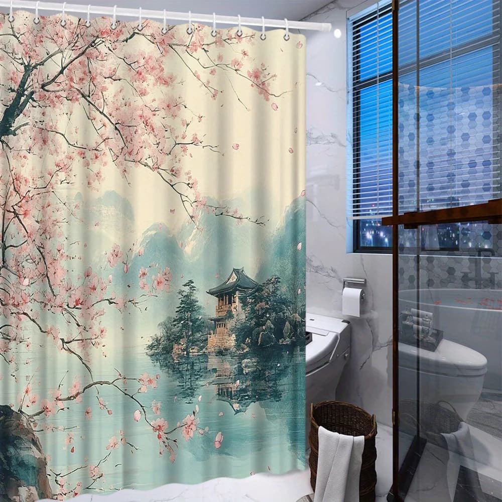 Tenda da doccia con pagoda ai fiori di ciliegio, design asiatico, poliestere, 12 ganci, lavabile in lavatrice, arredamento per il bagno