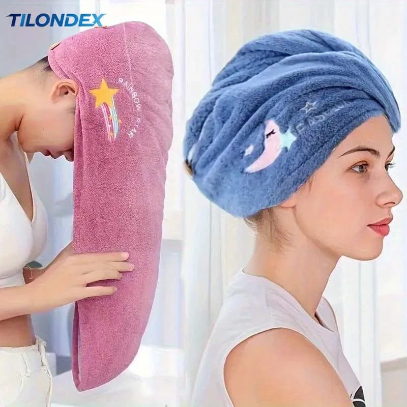 TILONDEX Women's Super Absorbent Quick Dry Hair Towel Cap with Cute Cartoon Embroidery Design - Lightweight, Fabric Coral Fleece