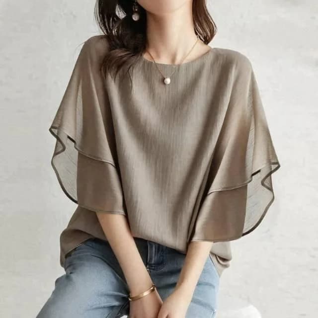 Camicetta Casual da Donna a Maniche Corte con Scollo Rotondo e Maniche a Pipistrello, in Chiffon, Stile OL, per il Lavoro e la Moda Primaverile