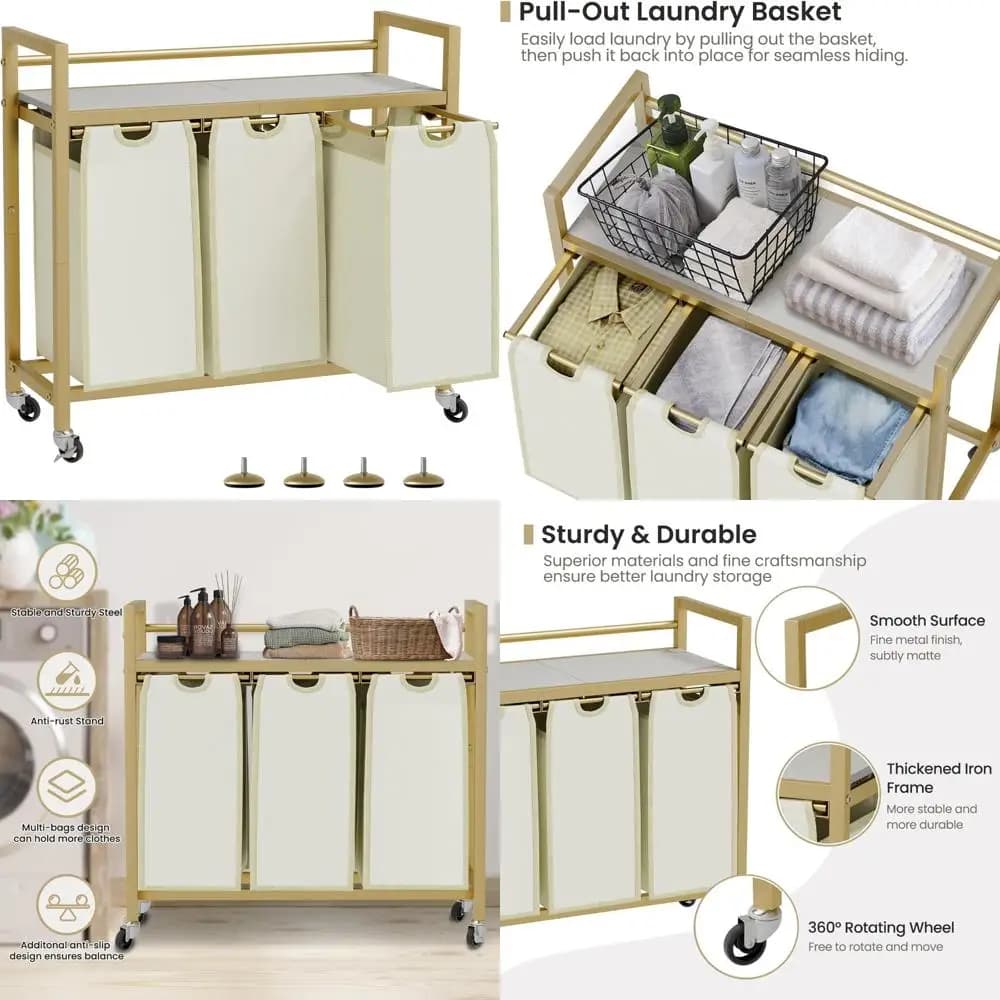 3 bag linen selector with wheels and shelf, portable organizer for efficient home laundry management