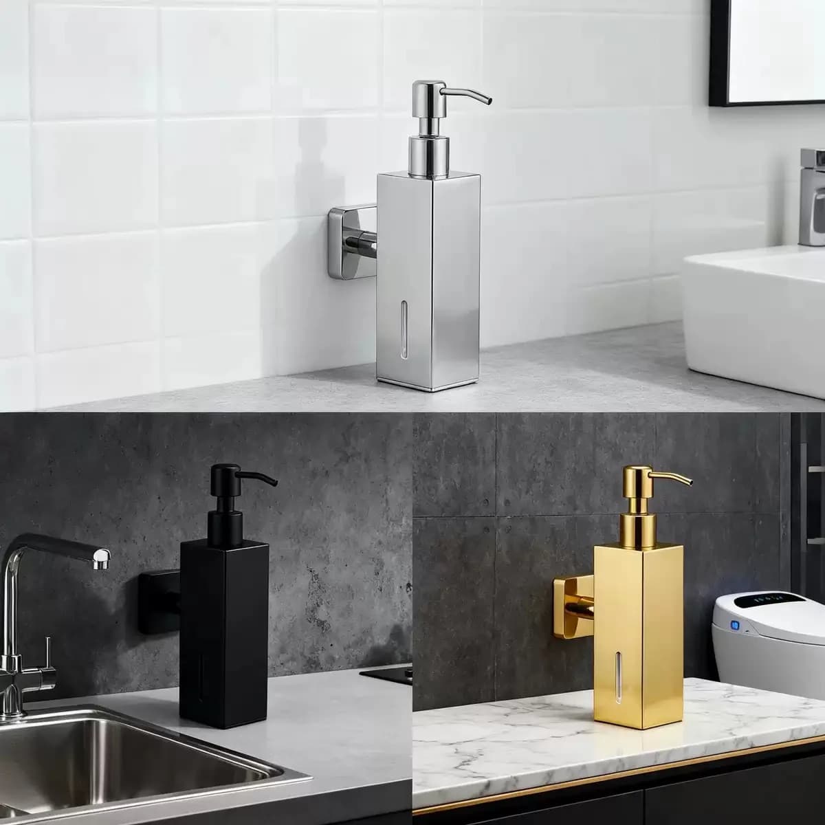 Dispenser di Sapone Liquido a Parete in Acciaio Inox, Bottiglia per Gel Doccia, Dispenser Manuale Senza Foratura, Bottiglia per Igienizzante Mani