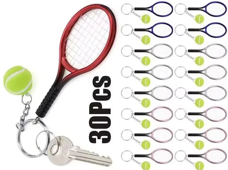 30Pcs Mini Simulation Tennis Racket Keychains with Fuzzy Tennis Ball, Colorful Alloy Key Ring Backpack Pendant