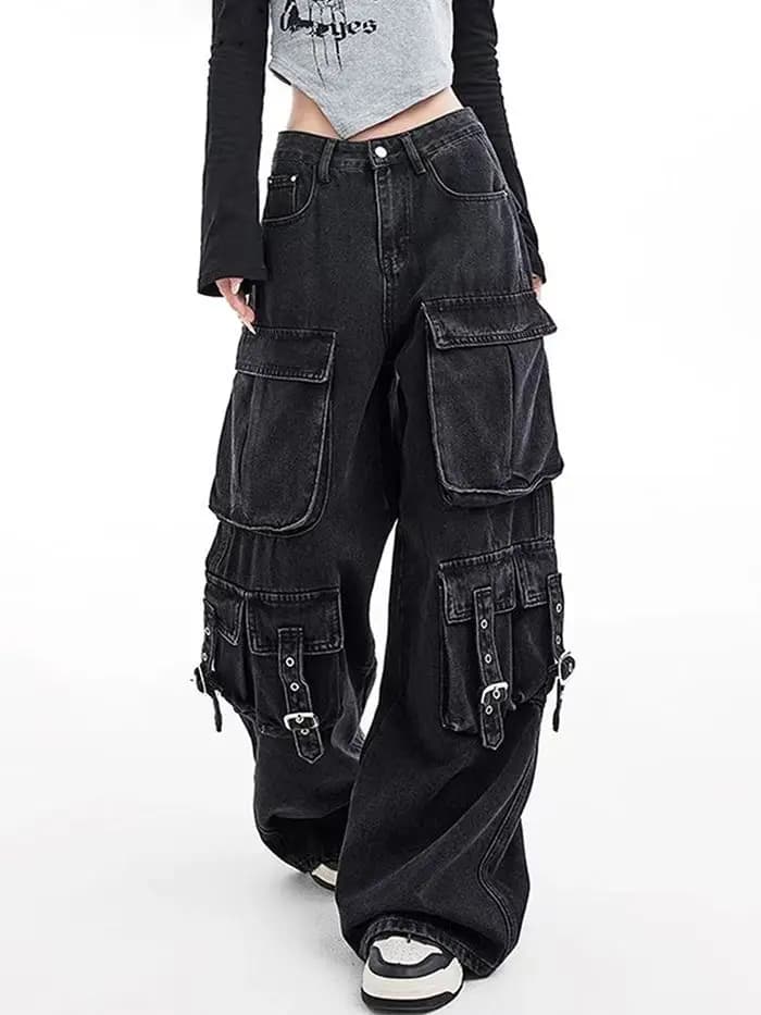 Jeans in denim con cerniera multitasche punk gotico nero per uomo e donna Y2K Jeans larghi larghi a vita alta alla moda americana
