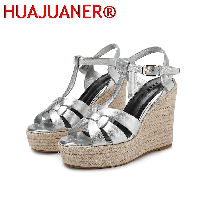 Sandali con zeppa da donna, in vera pelle, stile romano, con punta aperta, scarpe eleganti da sera, sandali estivi da ballo da donna