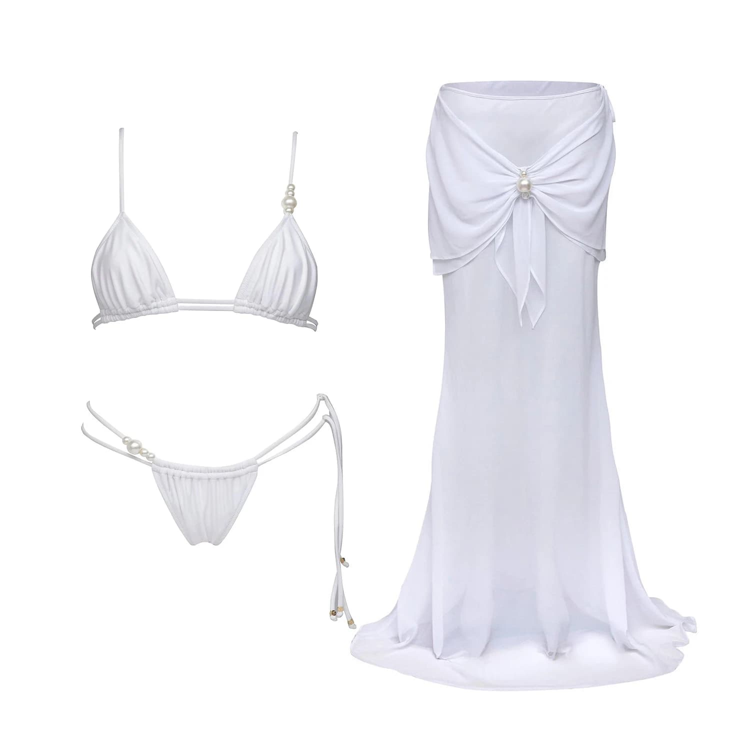 Pearl 3Pcs Bikini Set 2026 Bandeau Biquini Women Sexy Swimsuit Push Up Swimwear Female Long Skirt White Bathing Suit Beachwear