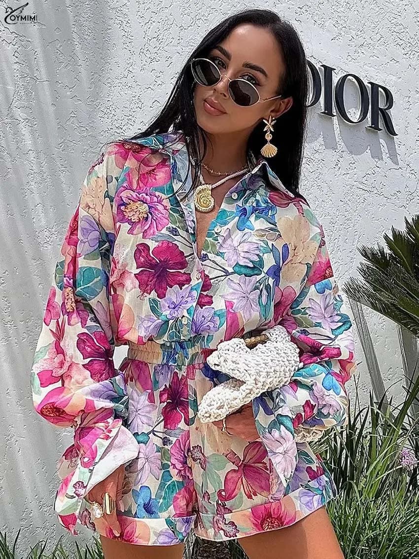 Oymimi Elegant Deep Pink Two Pieces Outfits Woman Fashion Long Sleeve Single Breasted Shirts And High Waisted Shorts Female Sets