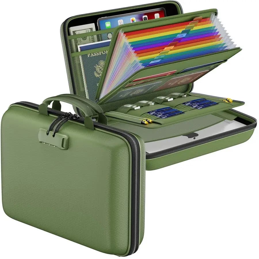 Organizzatore di file ignifugo con serratura, custodia rigida Scatola per documenti ignifuga con cartella di file a fisarmonica a 13 tasche, casa portatile di