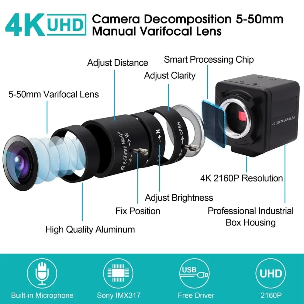 2026 ELP IMX317 UHD Mini fotocamera USB 4K Messa a fuoco manuale Zoom ottico 5-50mm 3840x2160 30fps Telecamera audio Webcam USB 4K