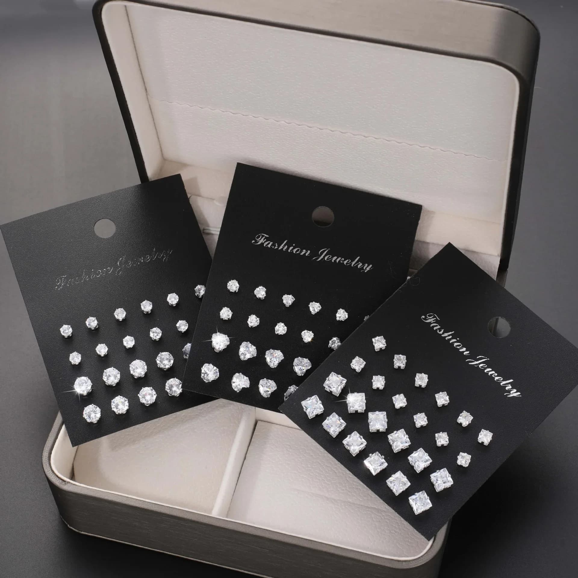 Autumn/Winter Geometric Six-Claw Heart-Shaped Crystal Zircon Basic Set Ear Studs Vintage Elegant 36 Pairs Unisex
