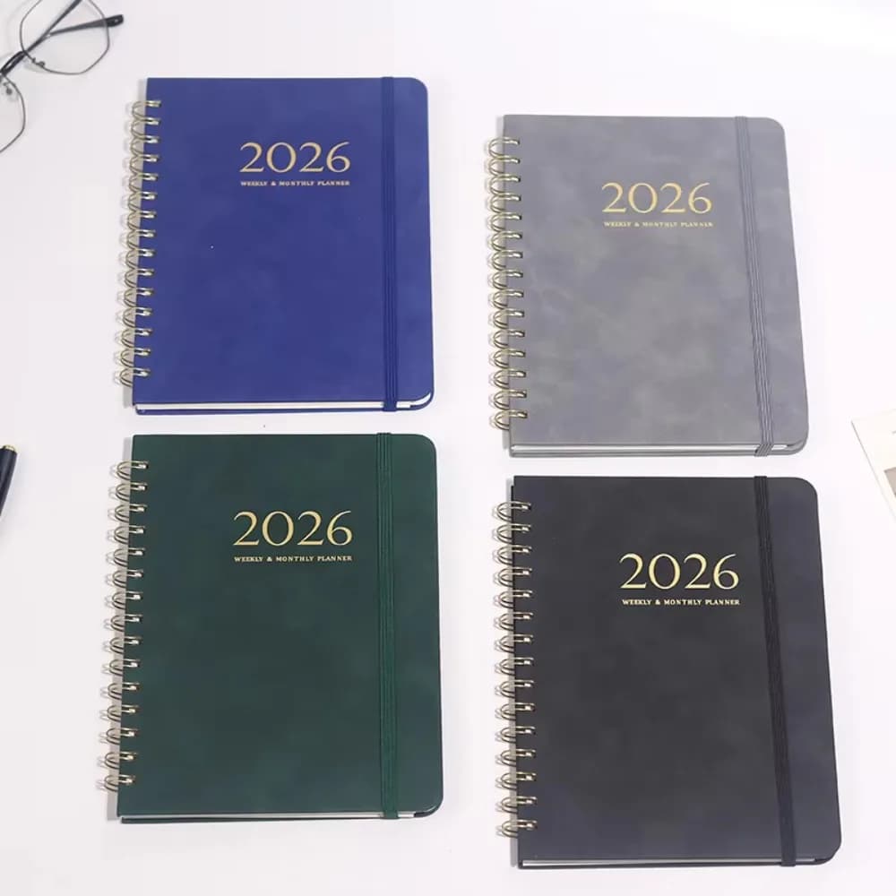 Agenda Settimanale e Mensile A5 2026 con Copertina in Pelle PU, Pianificatore Giornaliero con Elastico, Quaderno a Spirale per Appunti e Orari