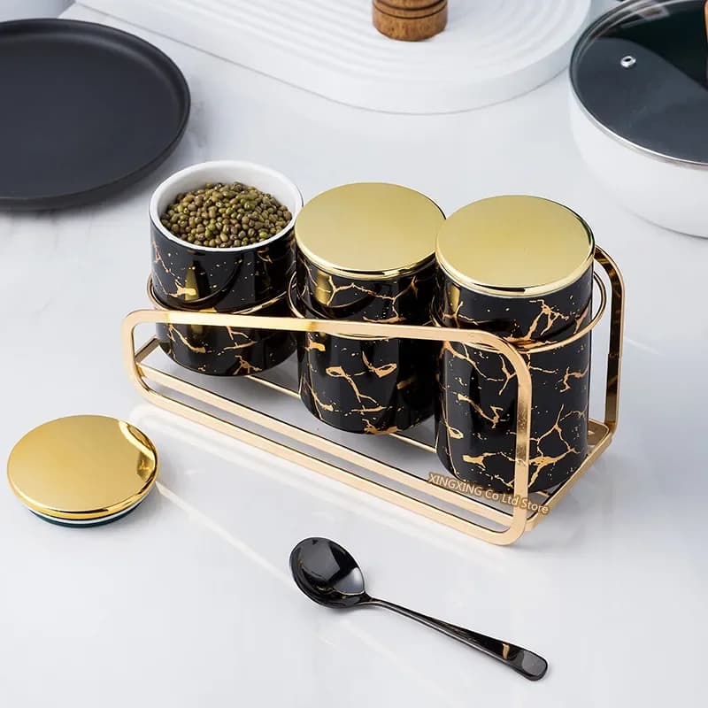 Set di 3 Barattoli in Ceramica Ermetici per Cucina, Dispenser per Cereali, Organizzatore per Spezie con Coperchio, Contenitori per Alimenti