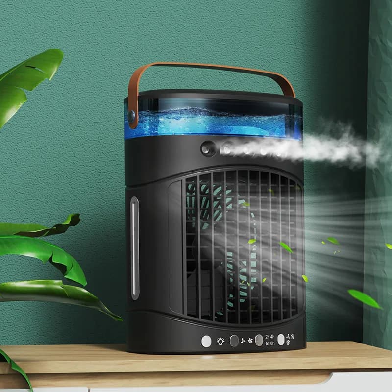 Ventilatore Multifunzione con Condizionamento d'Aria, Mini Raffreddatore da Tavolo con Nebulizzatore, Luce Notturna, Ricarica USB e Umidificazione