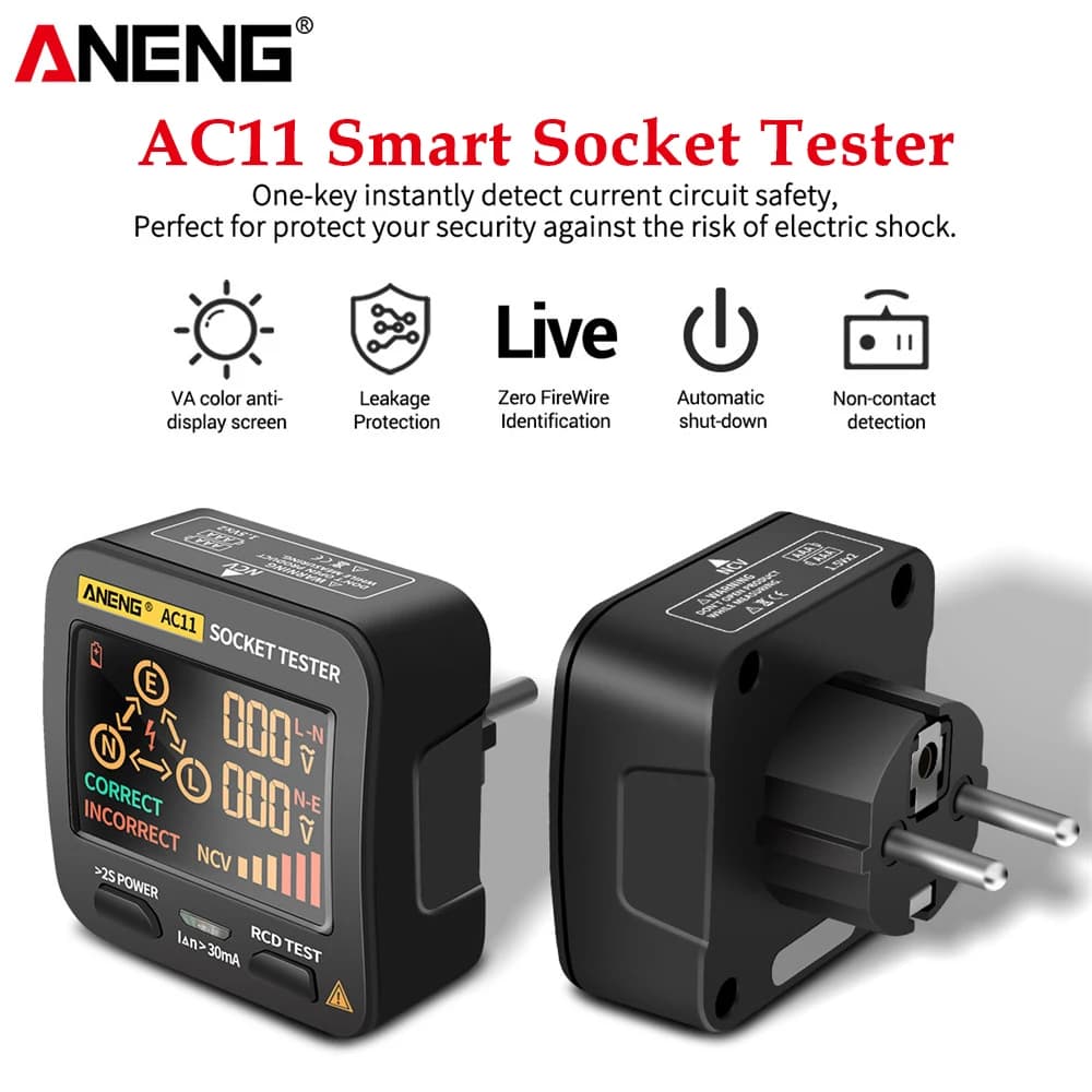 ANENG AC11 Digital Tester for Electric Grips, Voltage Detector with US/UK/EU/AU Plug, Earth Control, Neutral, Phase, RCD and NCV Tester