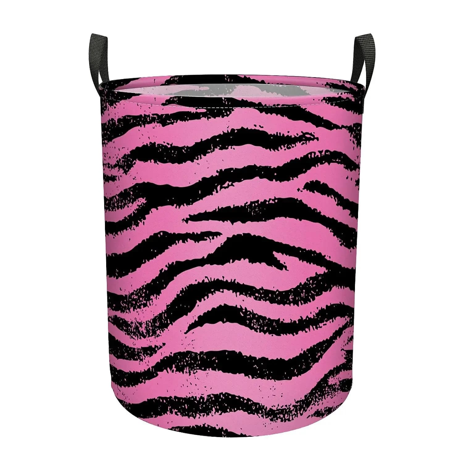 Large linen basket with pink zebra print with handles Foldable clothes bag, organizer for bathroom cabinet items