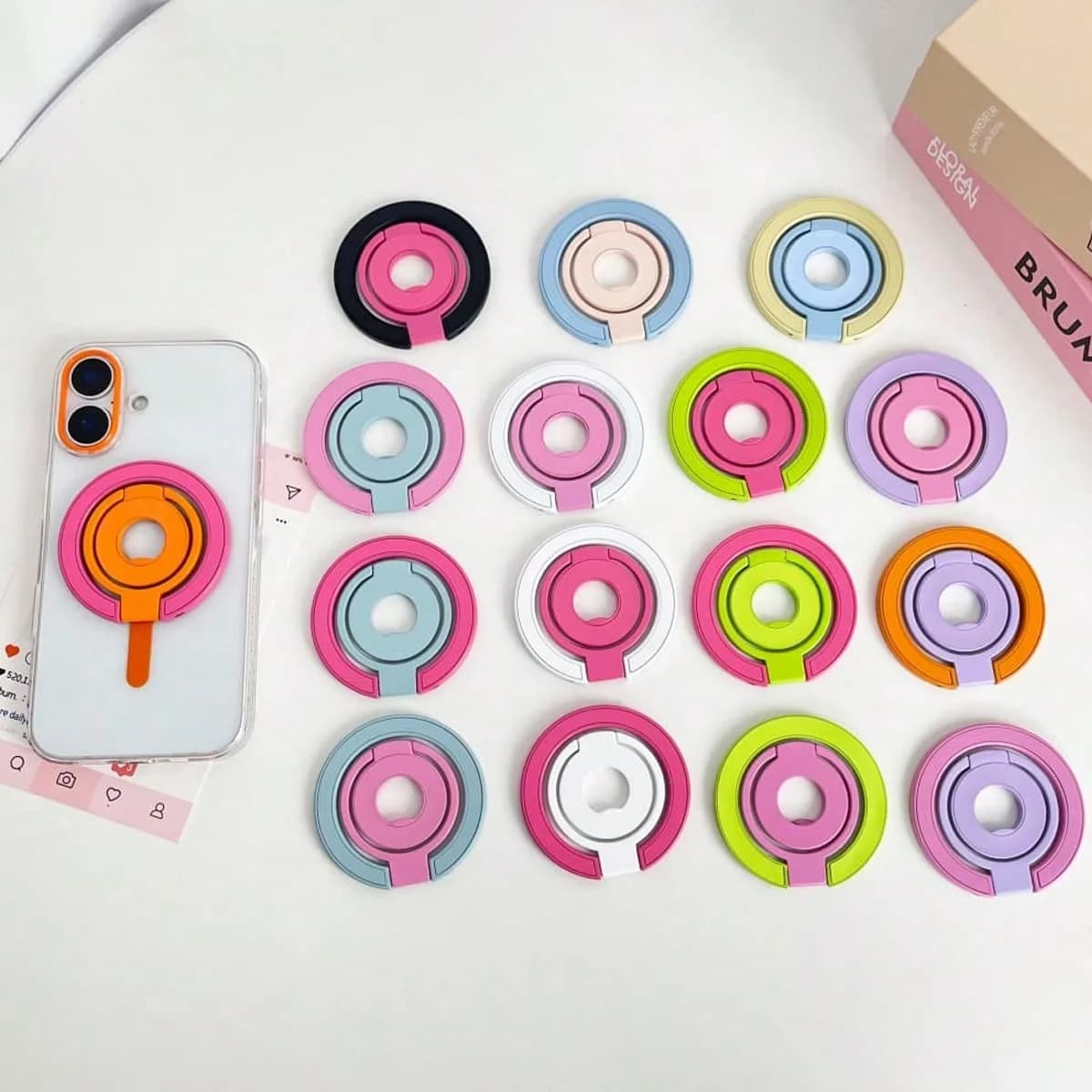 1PC Summer Contrast Color Telescopic Retractable Phone Stand, Double Sided Magnetic Metal Three Fold Ring Holder, Portable Deskt