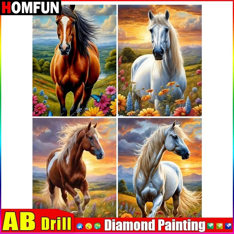 HOMFUN AB Pittura Diamante Punto Croce "Animal Horse" Pieno Quadrato Rotondo Fai Da Te 5d Diamante Ricamo Immagine Strass Arte