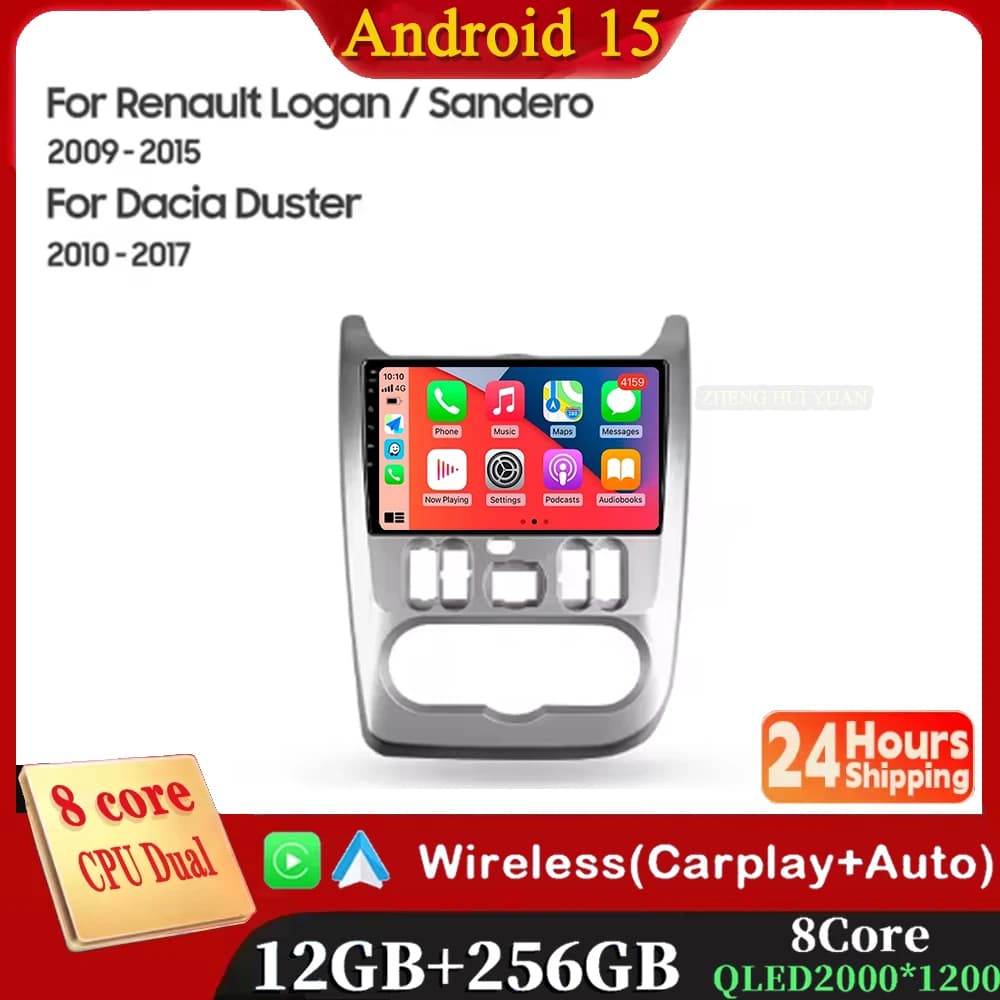 Android 15 12+256GB CarPlay Auto For Renault Logan Sandero For Dacia Duster 2009 - 2017 Car Radio Multimedia Video Player GPS