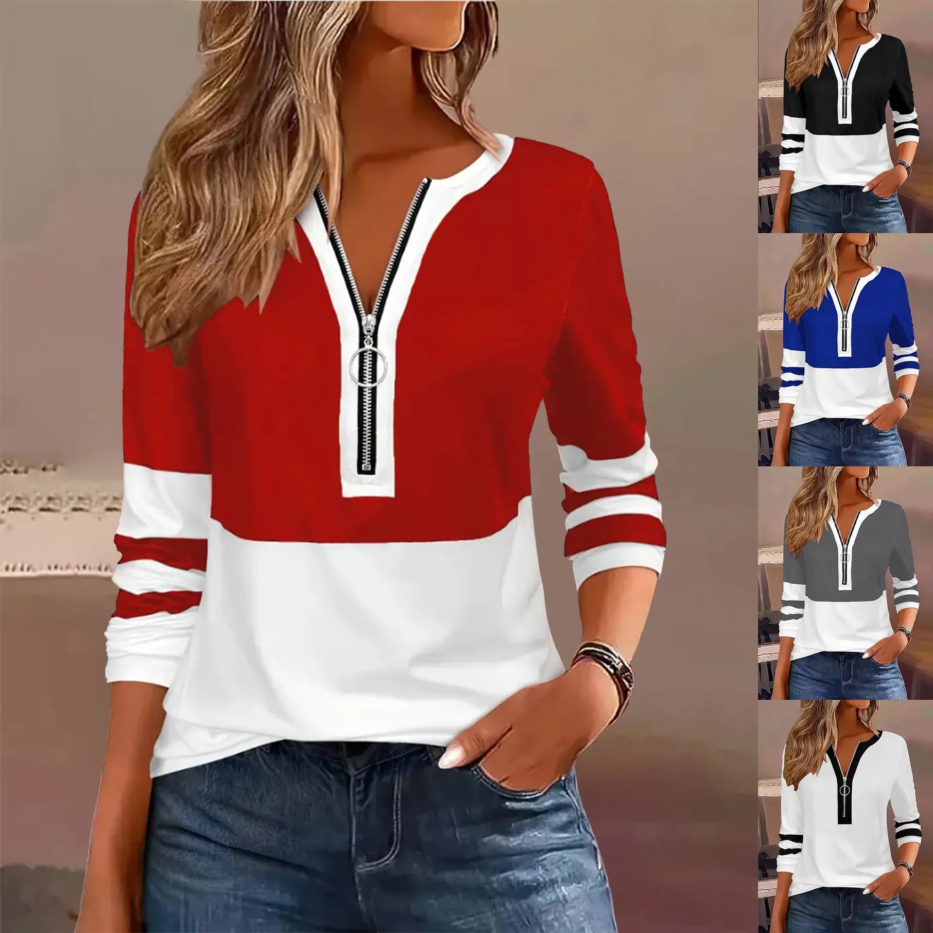 Longsleeve Women Clothes Loose Fit T Shirts Striped Round Neck Long Sleeve T Shirt Zipper Front Contrast Trim Casual Top