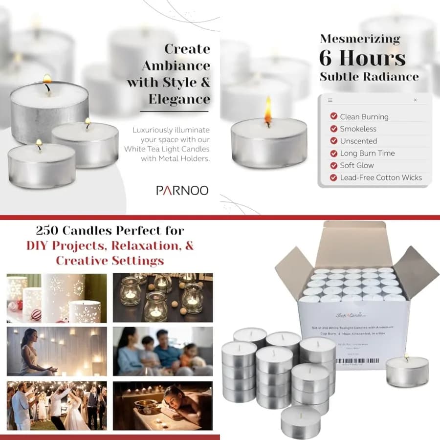 Candele Tea Light in Contenitori Metallici - 6 Ore di Combustione Pulita e Prolungata, Candele Votive Bianche Senza Profumo, Confezione da 250 per Cene Romantiche