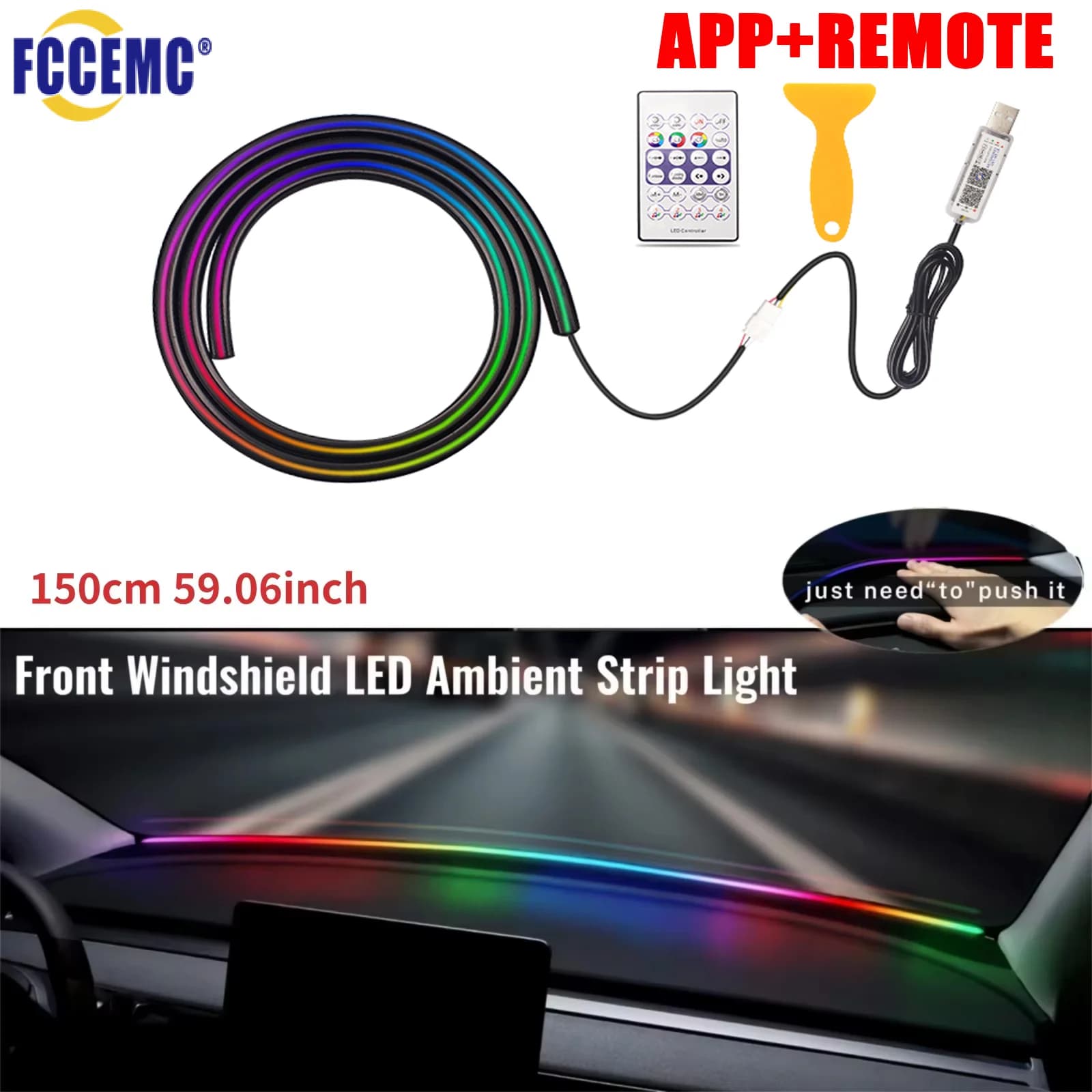 Front windscreen LED Atmospere Bright Strip 150 cm Auto RGB USB APP Remote Control Symphony Environmental Atmospheric lights 5V Universal