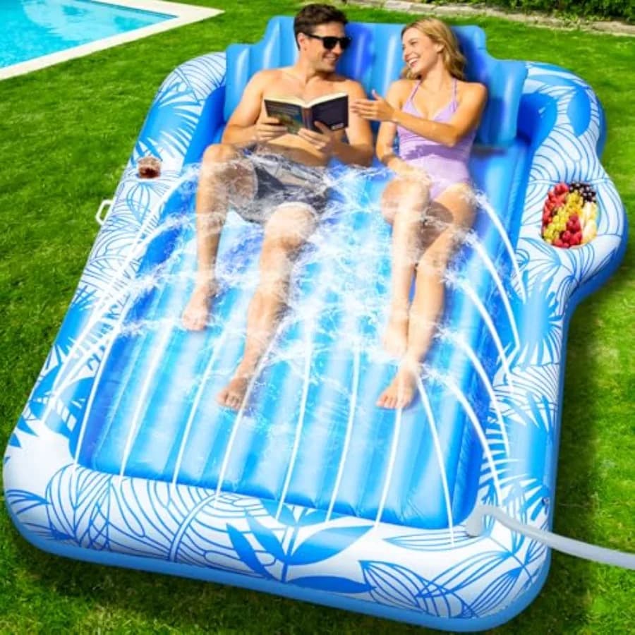 83" X 60" Inflatable Tanning Pool Lounger Float with Sprinkler Extra Large Pool Float Adults with Pillow 6 in 1 Suntan Tub Raft