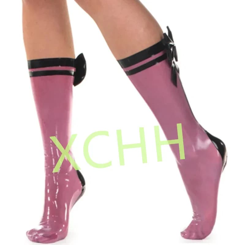 Sexy Long Latex Stockings Balck with Red Rubber Fetish Thigh Socks for Women Wear Cosplay Costumes