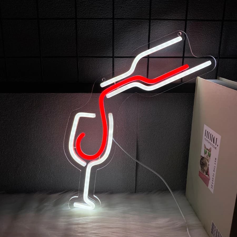 Insegna al neon a LED per bicchiere di vino rosso, icona versata fatta a mano, alimentata tramite USB, adatta per ristoranti, club, riunioni di famiglia, decorazioni per bar