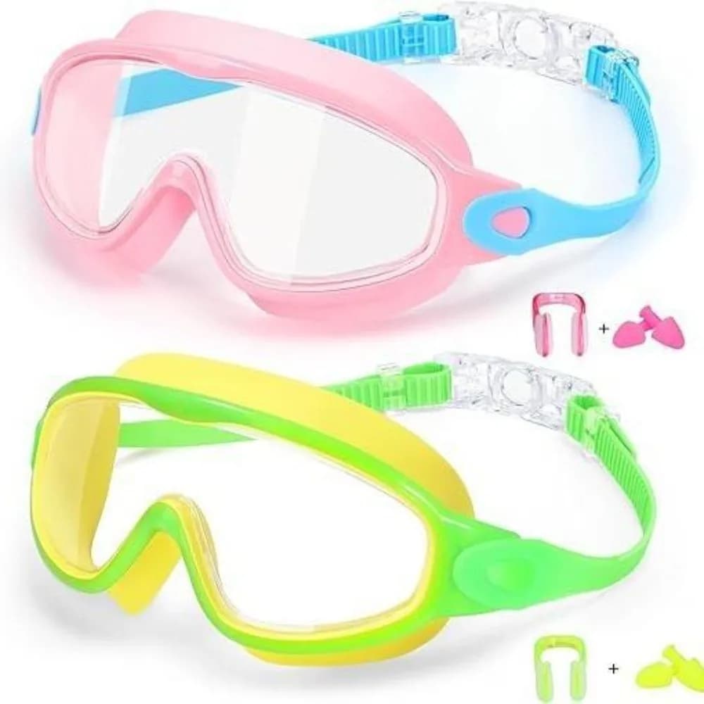 2 Pack Attached Earplugs Kids Swim Goggles with Nose Clip Comfortable Anti Fog Goggles Large Frame Mirror Coating