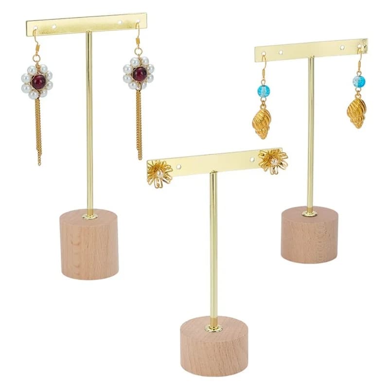 Espositore per orecchini con barra a T in metallo, supporto per gioielli con base rotonda in legno, supporti per appendere orecchini, organizzatore di gioielli