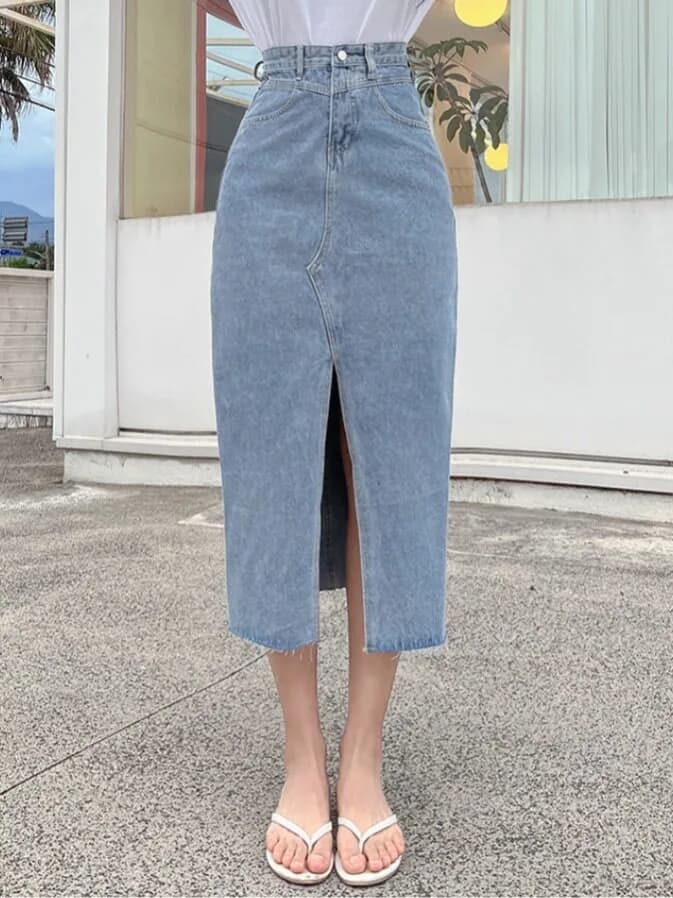 Retro Washed Mid-Length Denim Skirt with Front Slit for Women Spring Autumn Winter Fashion Korean Style Casual Streetwear