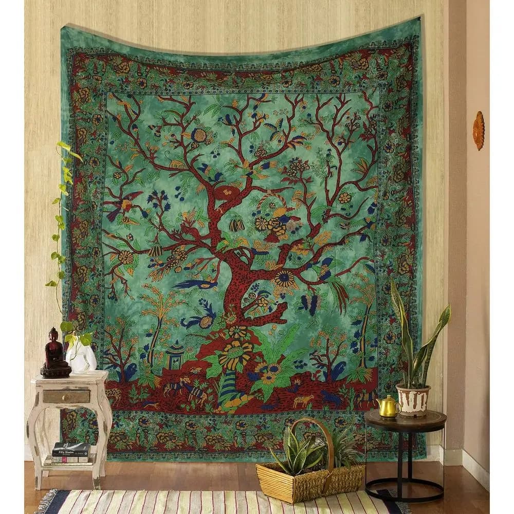 Cotton Green Tree Tapestry - Twin Bedspread, Picnic Sheet, Blanket, Wall Art, Bedroom Decor (82x54 Inch)