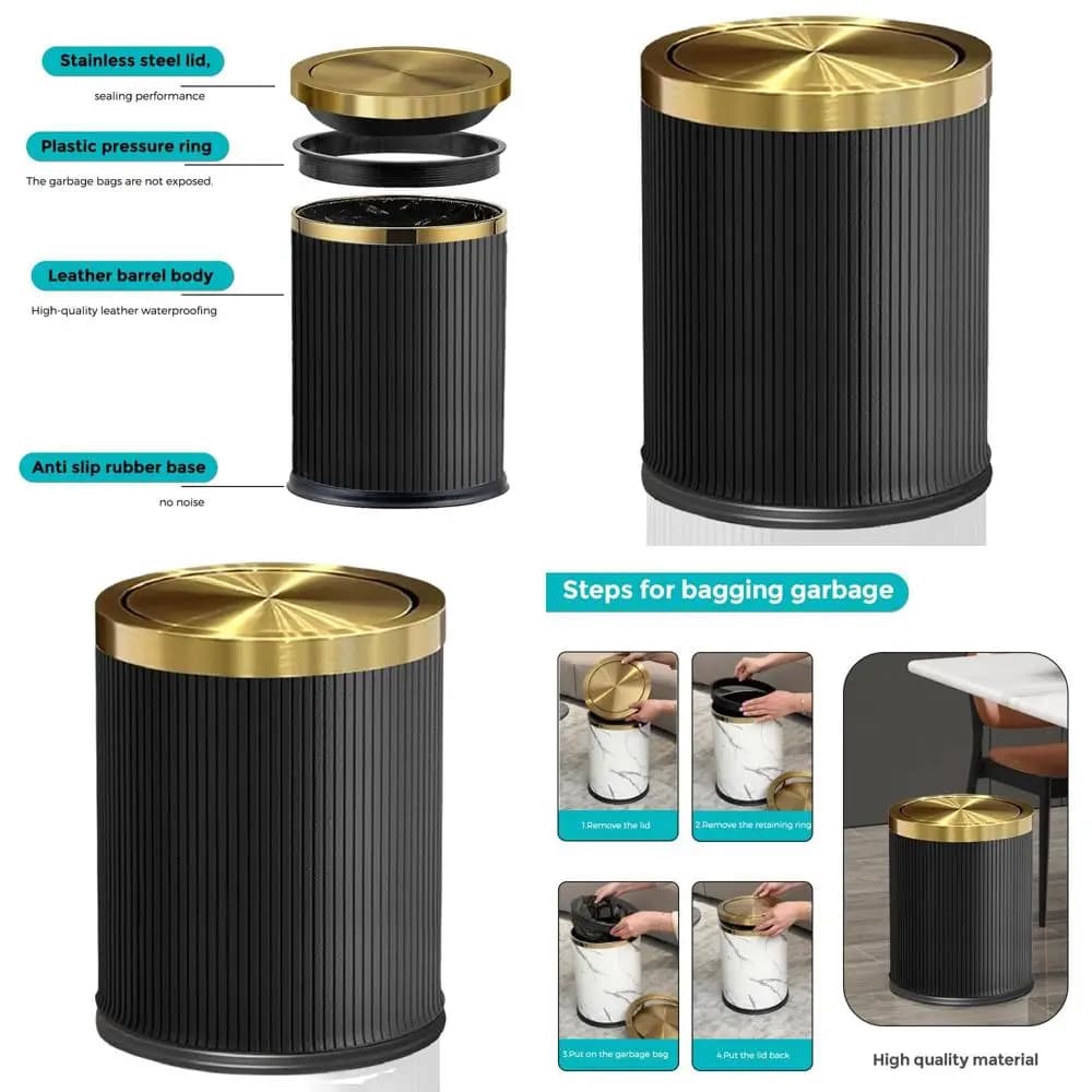 Pattumiera da bagno da 4 galloni in similpelle nera con coperchio, cestino per rifiuti moderno per uso domestico e in ufficio (15 litri)
