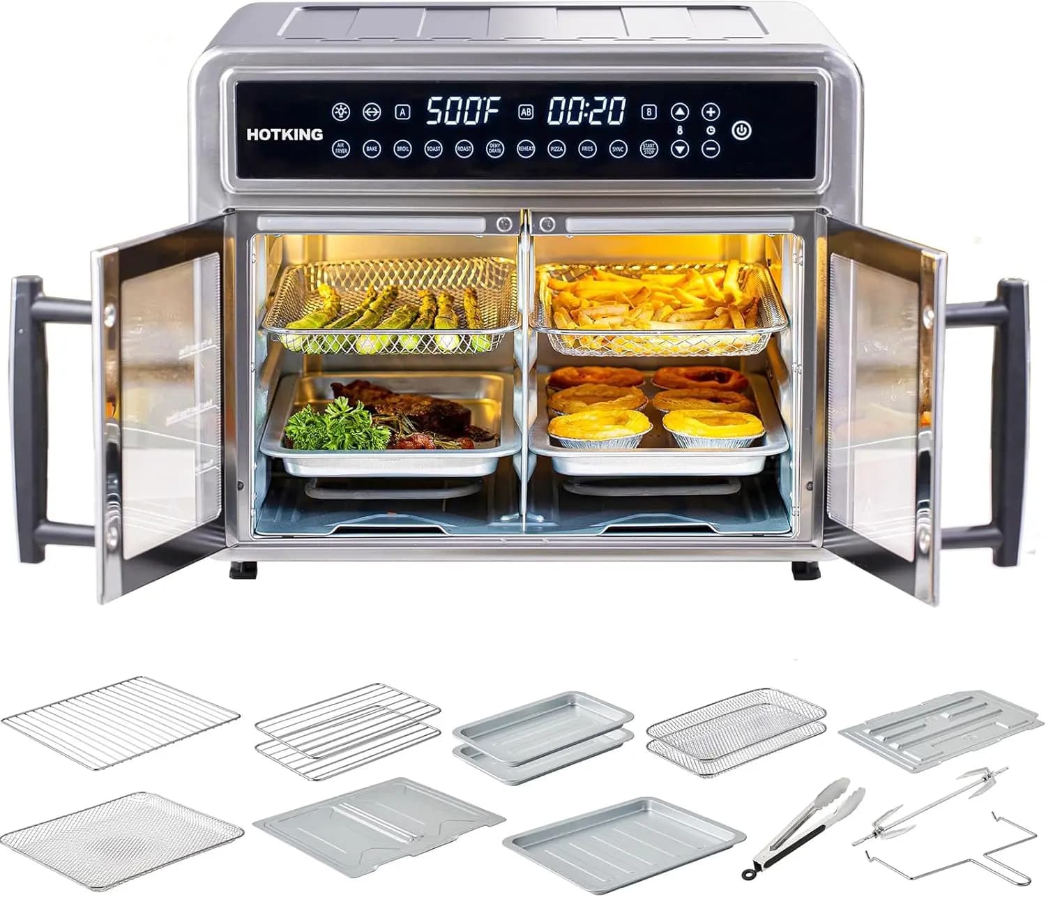 Extra Large 28 QT Dual-Zone Air Fryer Toaster Oven Combo, French Door Convection Oven with Non Toxic Stainless Steel, Window, Ra