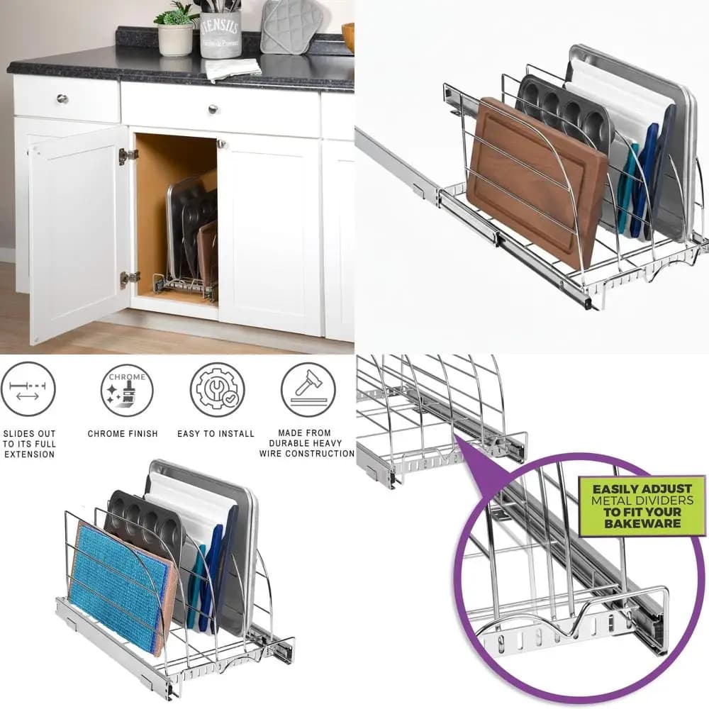Adjustable chromed extractable organizer for baking trays, cutting boards and trays - Resistant, life guarantee, 12.5 W x 21 P x 11 A,
