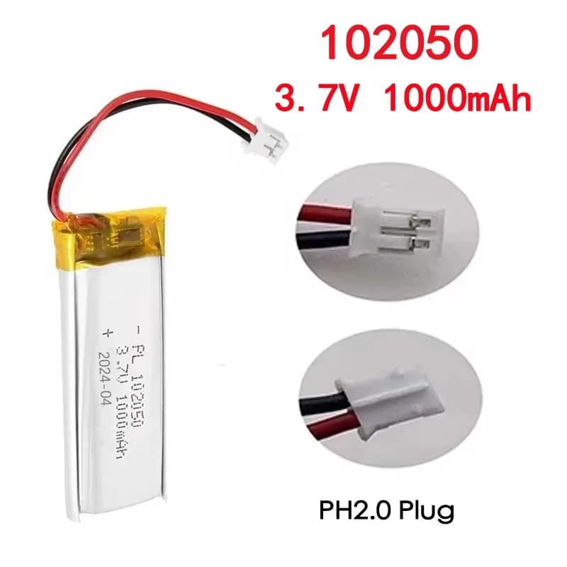 102050 Batteria ricaricabile ai polimeri di litio da 3,7 V 1000 mAh Li-Po Ion per altoparlante Bluetooth GPS LED luce MP3/4/5 con spina PH2.0