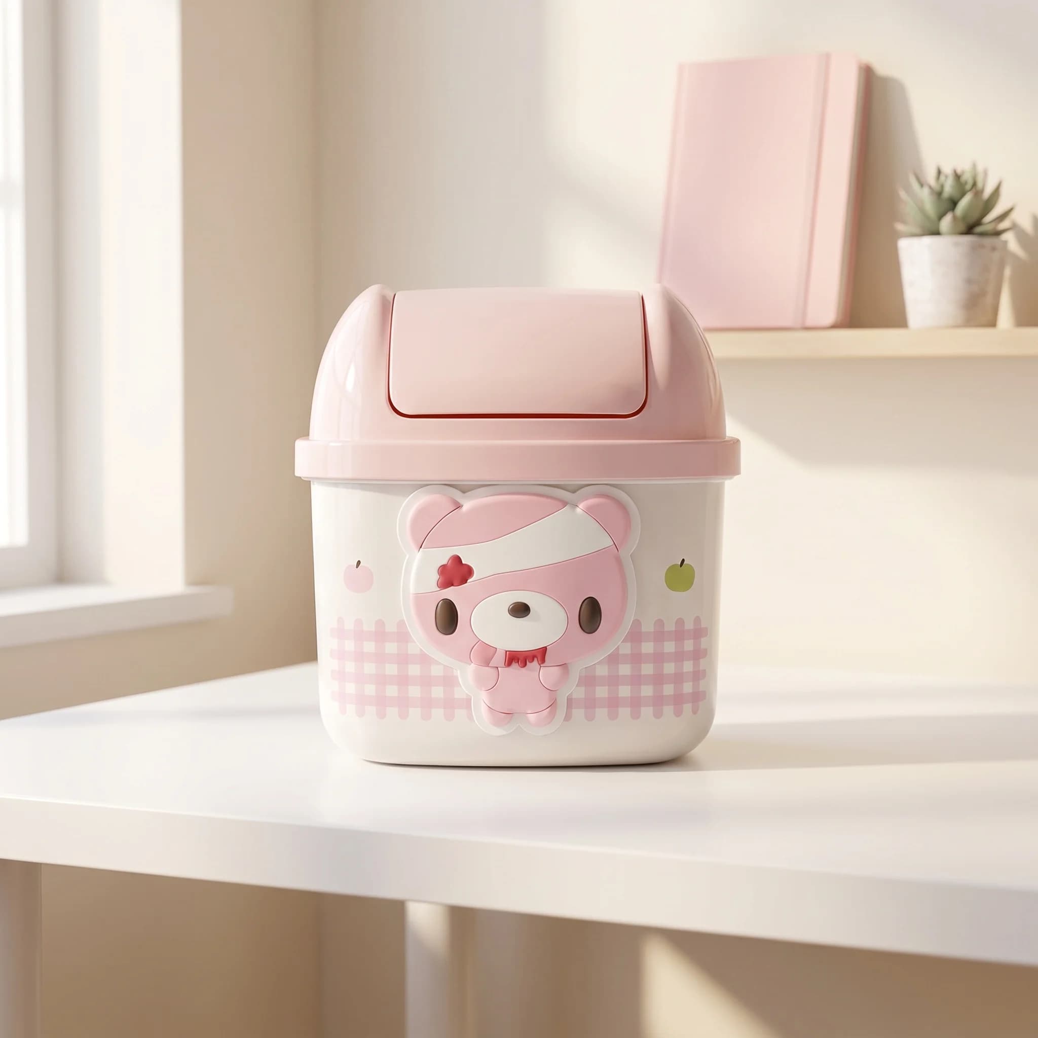 Cute Pink Bear Desktop Trash Can Flip Lid Mini Waste Basket for Office Bedroom Kawaii Storage Bin